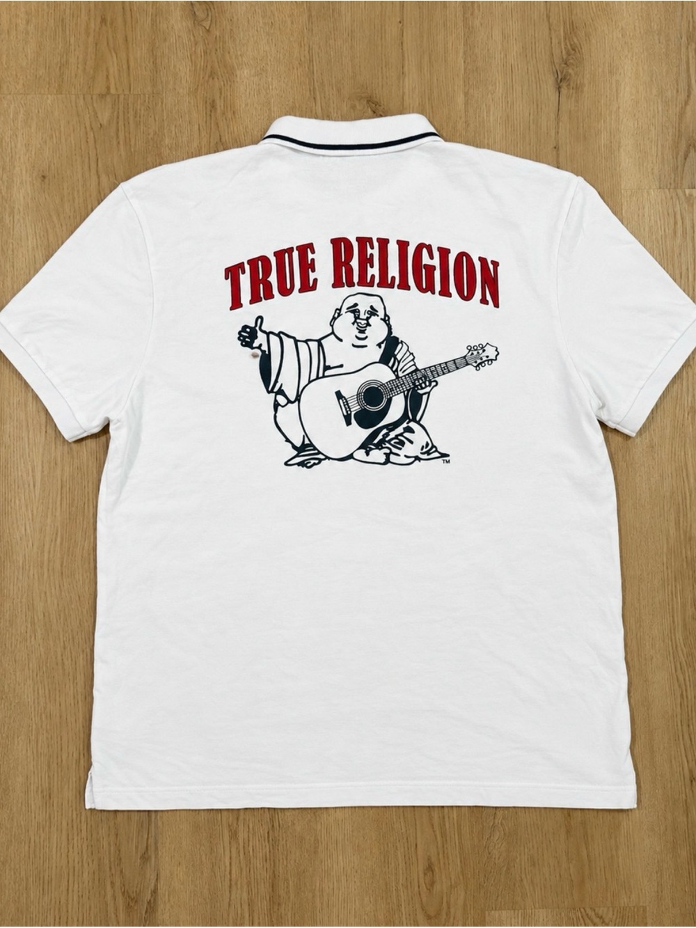 True Religion White Polo with Red Logo and Navy Graphic